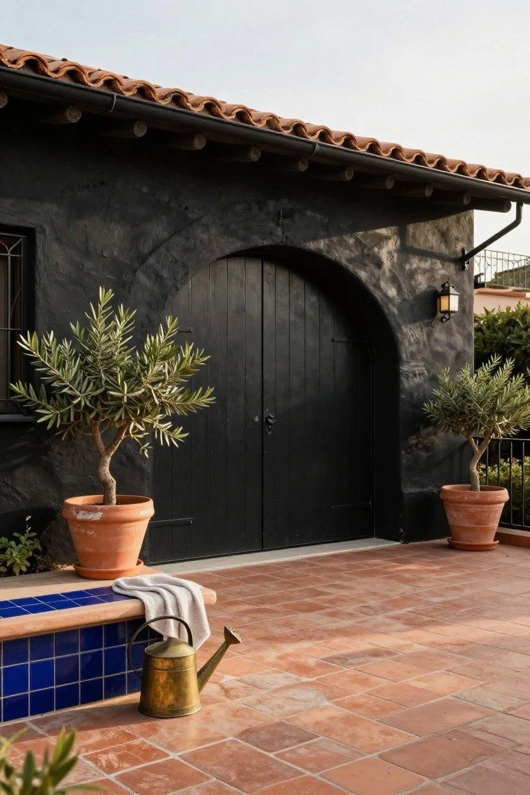 Black stucco house exterior featuring a tall arched black wooden garage door flanked by two potted olive trees, terracotta tile patio with blue tiled bench holding a towel and brass watering can.