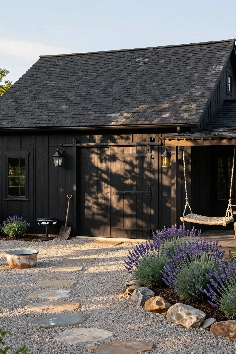 Black wooden barn-style shed with sliding barn door, black lanterns, shovel and bucket nearby, lavender plants, gravel ground, and stone stepping path.