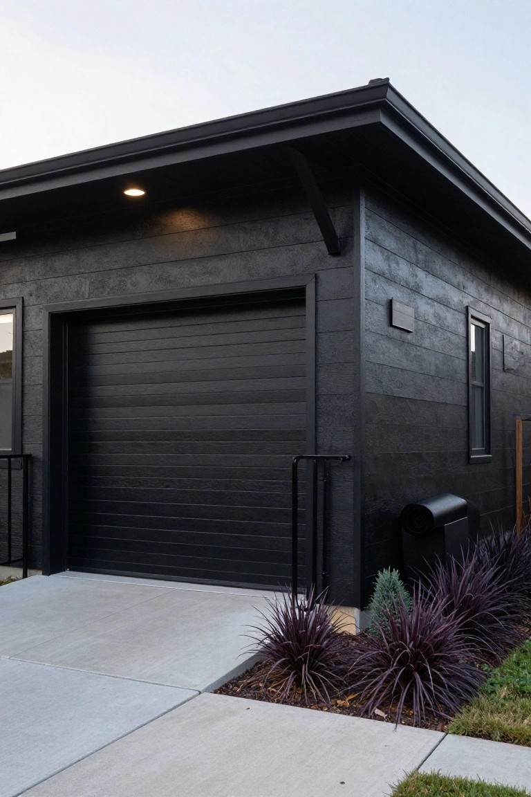 Black wood-look clad house exterior corner with matching black garage door, black metal handrails, concrete driveway, and purple cordyline plants in landscaped bed.