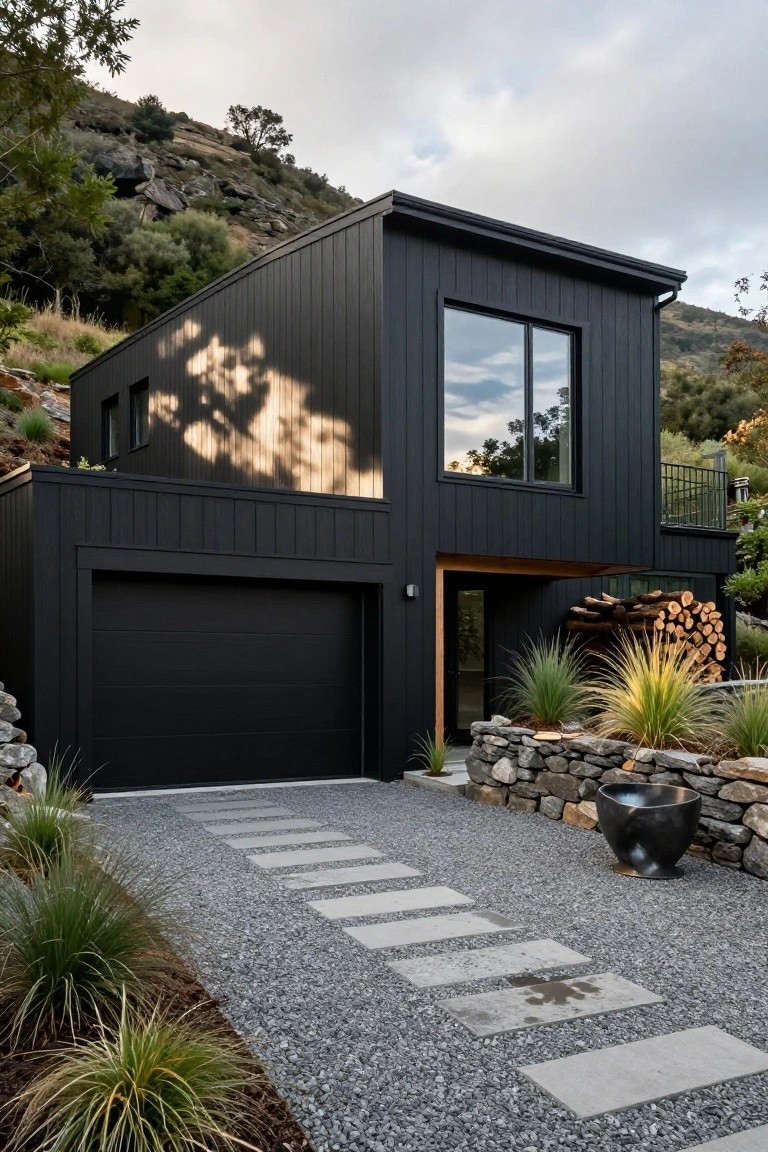Modern black vertical board-clad house exterior on a hillside with recessed black garage door, gravel driveway with concrete pavers, stone retaining wall, and grasses.