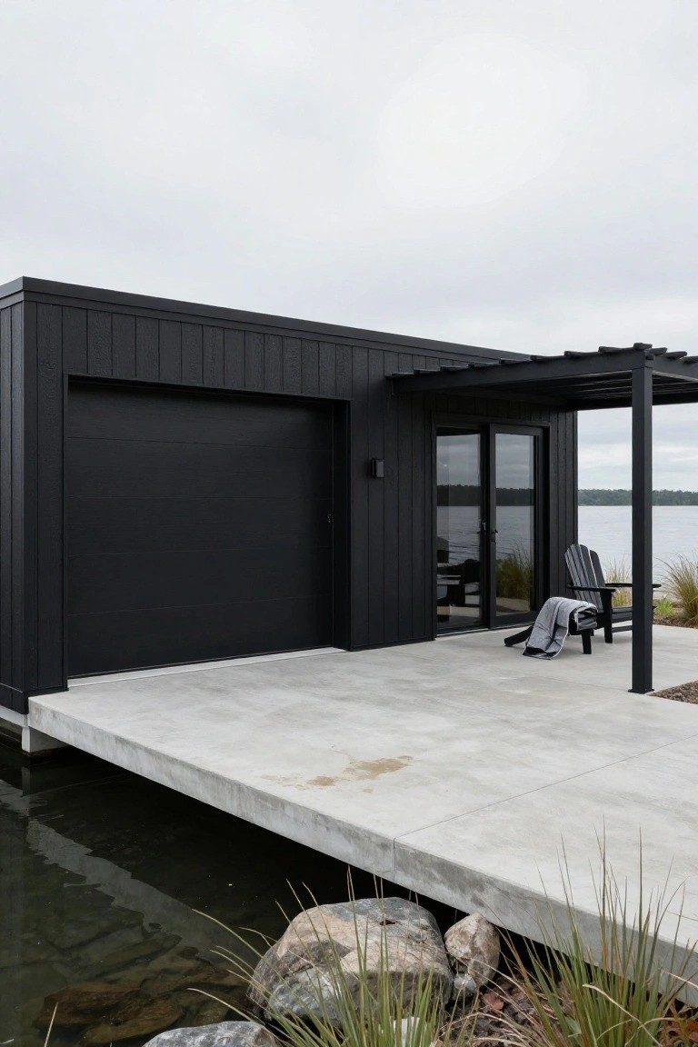Black rectangular modular house on a concrete dock over a lake, with large black garage door on one side, glass sliding doors on the other, metal pergola with Adirondack chairs, rocks, and grasses along the water.