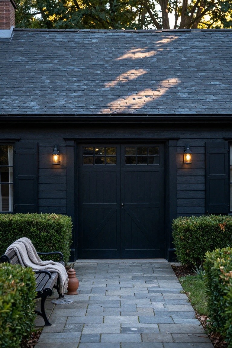 Black shingled house exterior with dark double garage doors, wall lanterns on each side, stone pathway with bench and boxwood hedges in front.