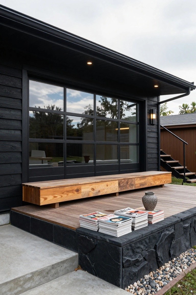 Side exterior of a black wood-clad house with a tall black-framed grid window, a long wooden bench on a deck below it, stacks of magazines and a vase on the bench, black stone retaining wall with pebbles, and concrete steps.