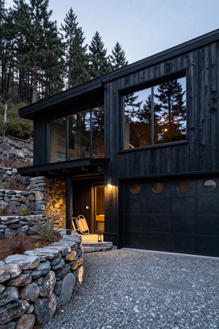 Angular black wood-clad house exterior on a rocky slope with large windows reflecting trees, black garage door with four circular windows, stone retaining walls, gravel driveway, and surrounding pine trees at dusk.
