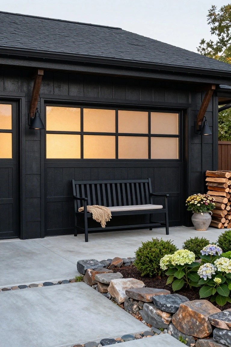 Black wood-sided garage building with shingle roof, double doors, large divided-light windows, wall sconce lights, black bench with beige seat cushion and tan throw blanket, firewood stack, potted mum plant, hydrangea shrubs, rock garden bed, and concrete pathway with pebble borders.