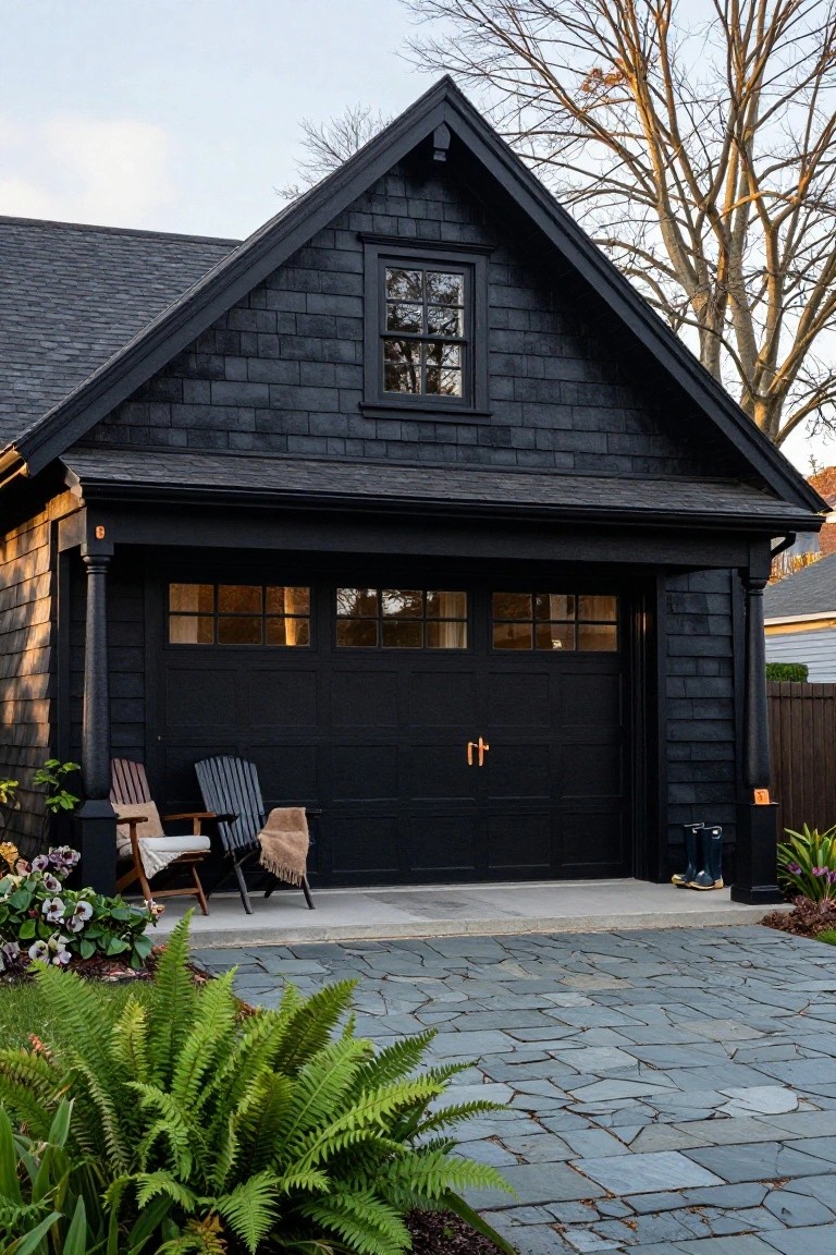 Detached gabled garage with black shake shingle siding, black double garage door with brass handles, two Adirondack chairs and plants in front, bluestone paver driveway.