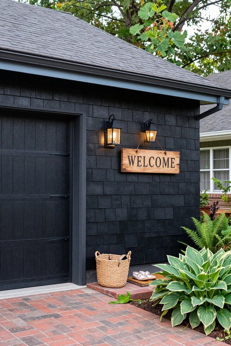 Black shingled garage building with black paneled door, wooden