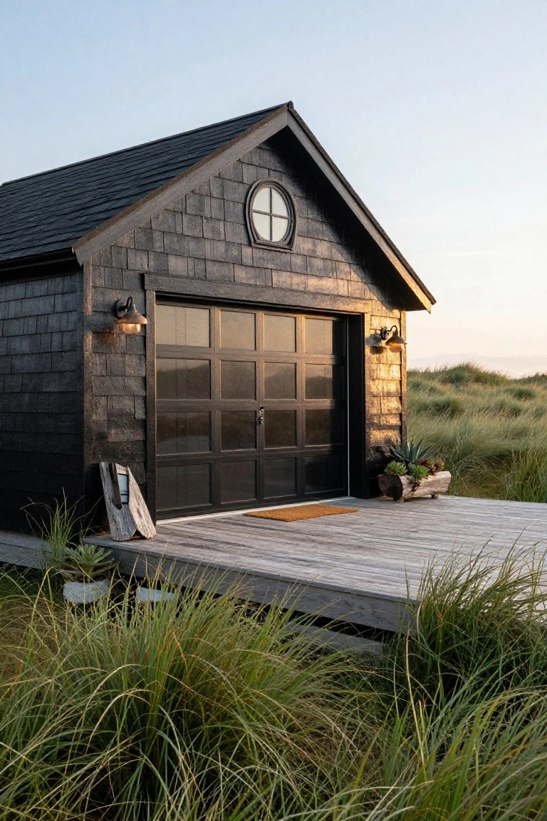 Small black shingled garage with large black-framed glass garage door on a wooden deck platform surrounded by dune grasses and plants.