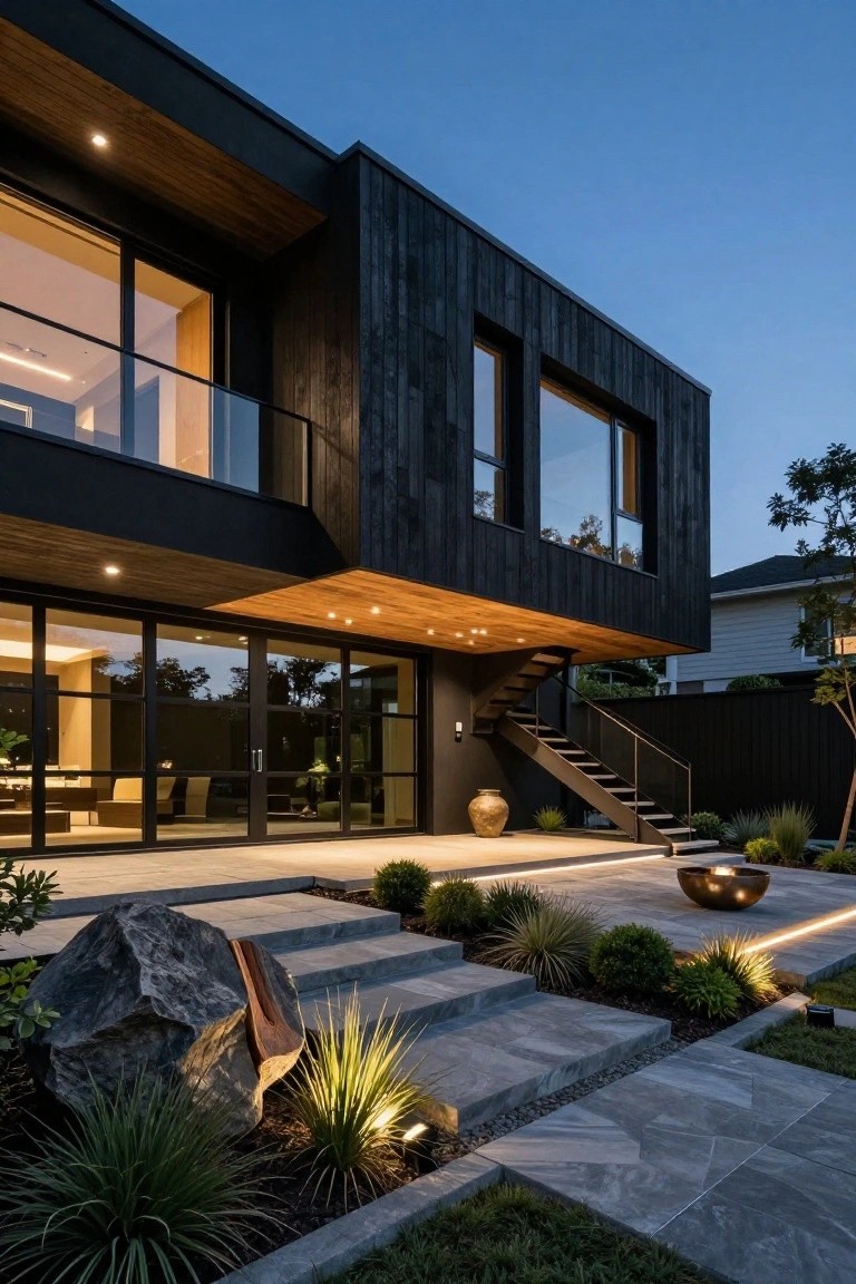 Modern two-story house exterior at dusk with black vertical timber cladding, large glass windows and doors, warm wood overhang, metal entry stairs, potted plants, and stone steps with landscaping.