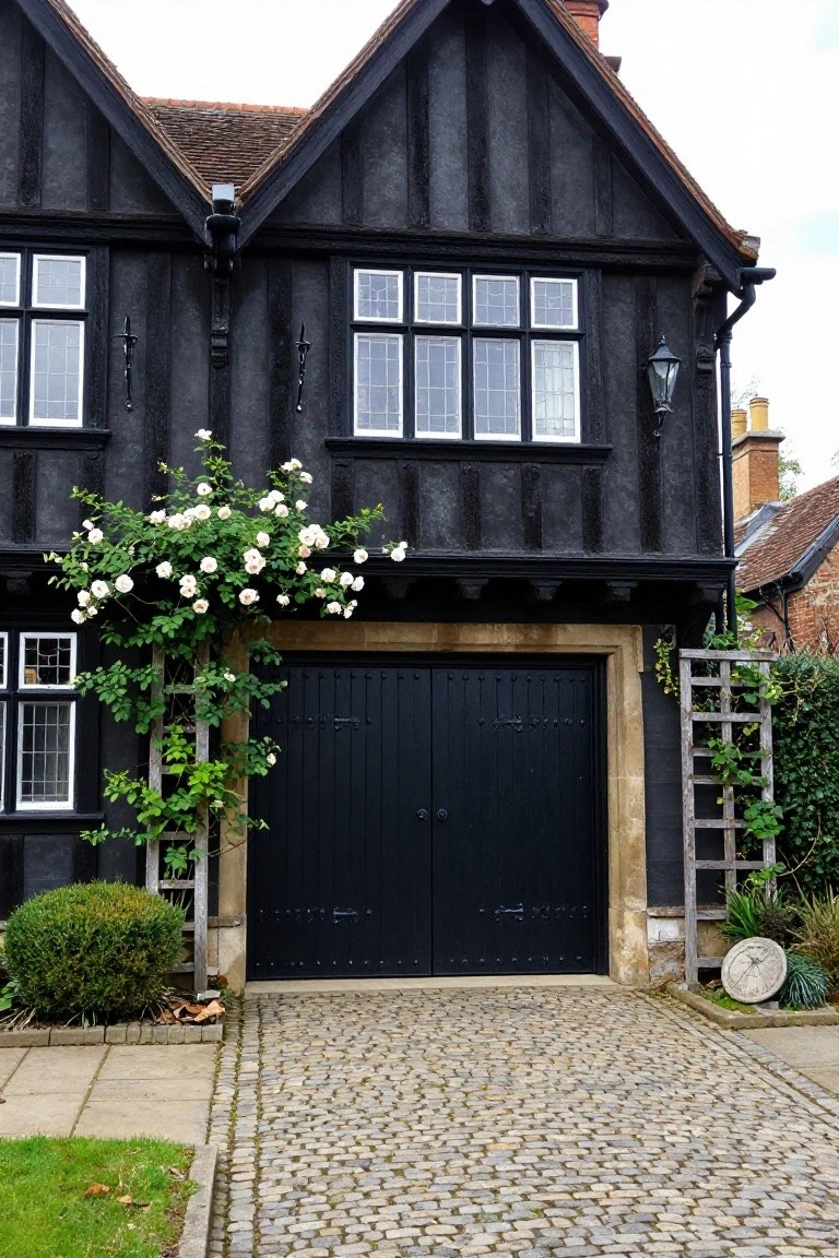 Black timber-framed two-story house exterior featuring dark wooden double garage doors, white climbing roses on trellises beside the garage, boxwood shrubs, and a cobblestone driveway.