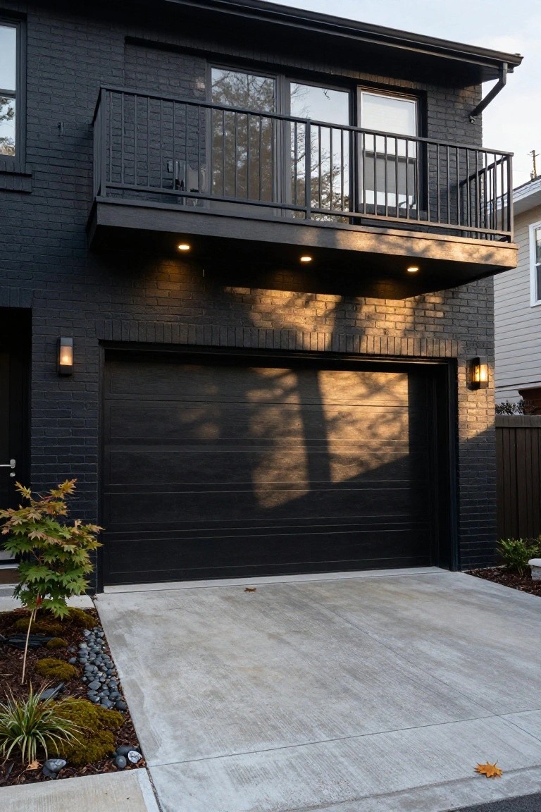 Two-story black brick house exterior with dark wood-grain garage door, cantilevered black balcony, wall sconce lights, and front landscaping of Japanese maple, moss, rocks, and grasses on concrete driveway.