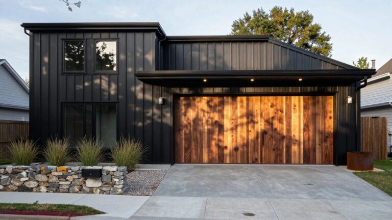 22 Black House Exterior With Garage Door That Stands Out Modern two-story house with black corrugated metal siding, large horizontal walnut wood plank garage door, concrete driveway, rusty metal planter, pampas grass, and black mailbox.