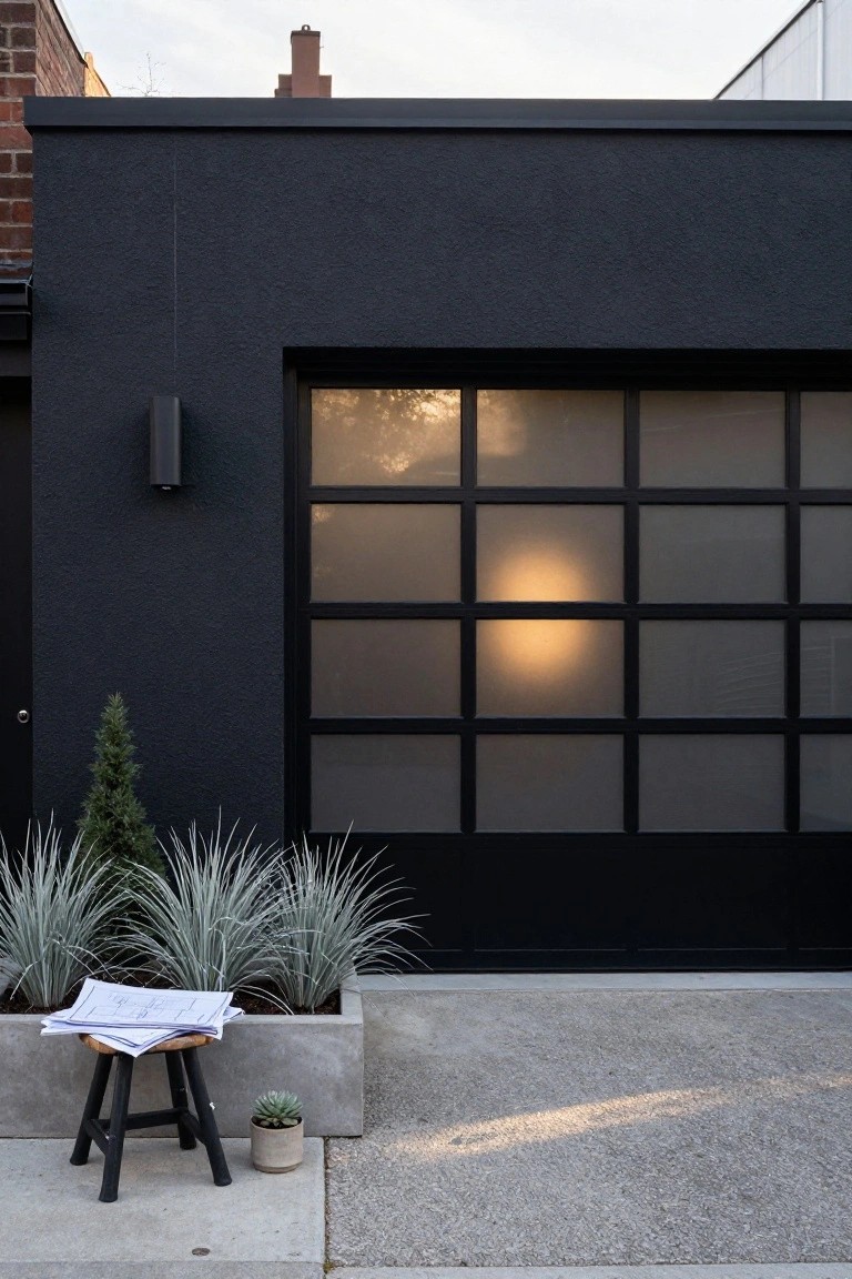 Black textured house exterior with a large vertical garage door featuring black metal grid frames around frosted glass panes, small plants in a concrete planter box nearby, and a wooden stool holding rolled blueprints on a gravel driveway.