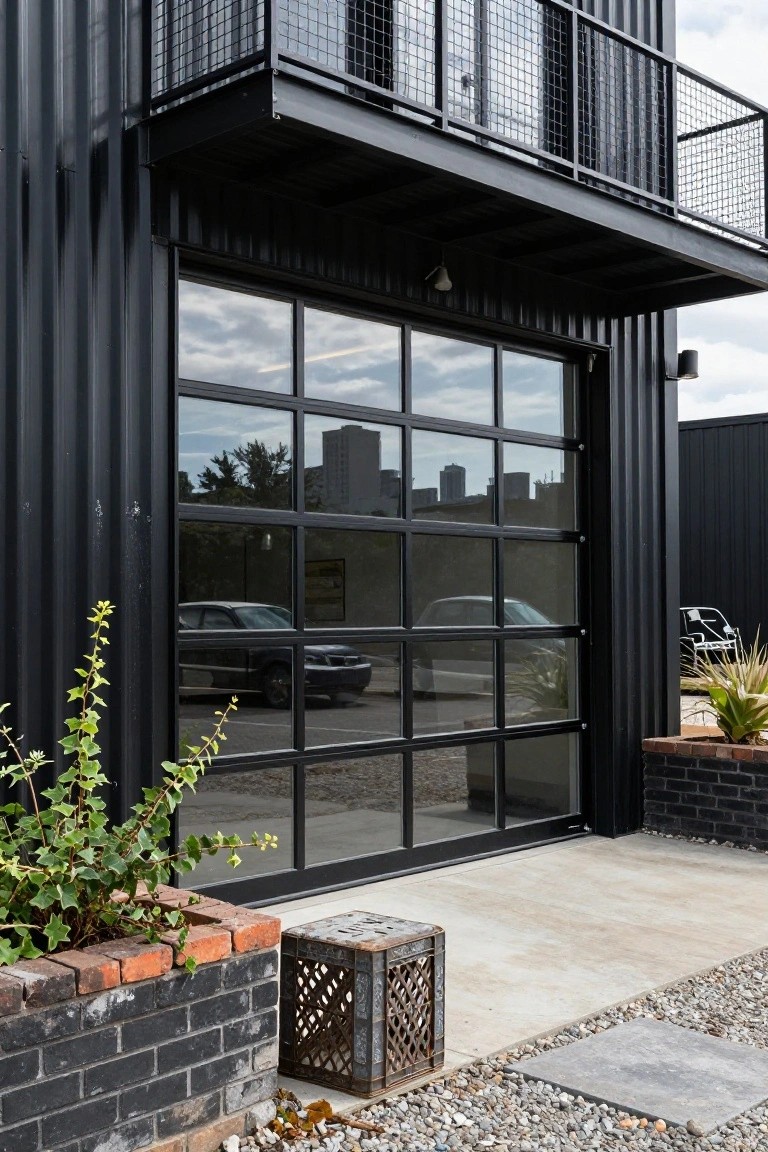 Black corrugated metal shipping container style house exterior featuring a large grid-framed glass garage door, metal mesh balcony above, brick planters with ivy on one side, rusted metal crate, and concrete pavement with gravel.