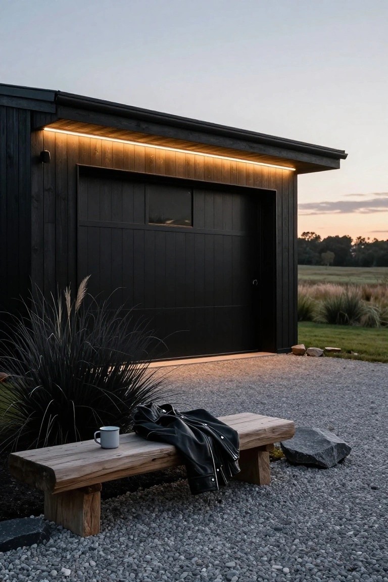 Black garage door on a dark wooden house exterior with warm LED strip lighting along the eaves, wooden bench with leather jacket and enamel mug on gravel ground next to grasses and rocks at dusk.