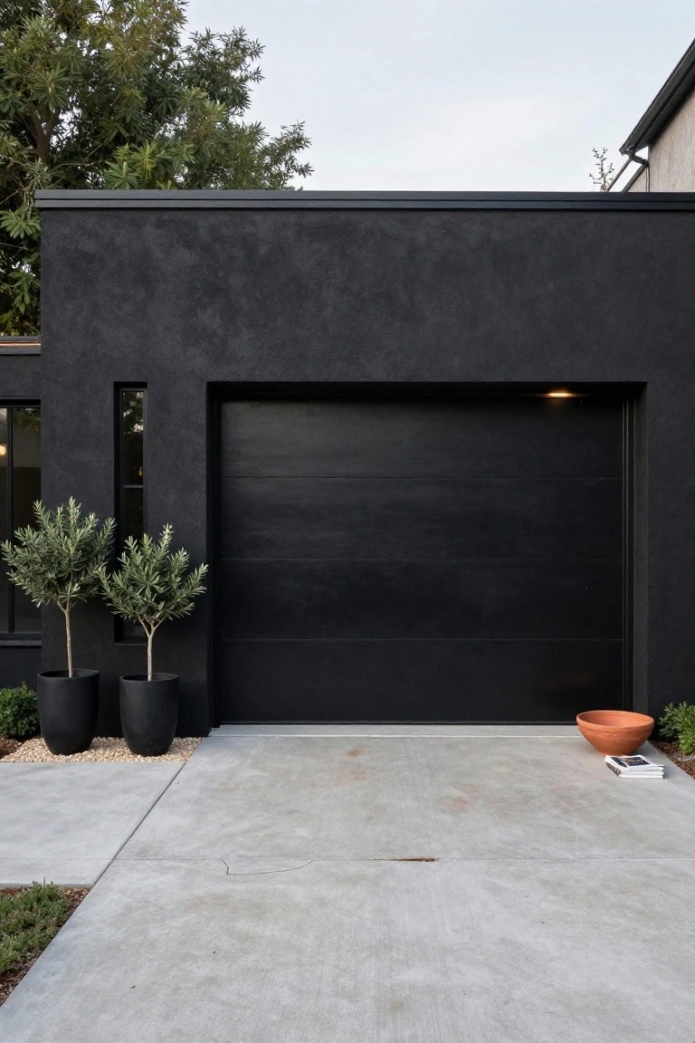 Modern house exterior featuring matte black stucco walls, a recessed black panel garage door with light above it, two olive trees in black pots beside the door, a concrete driveway, and minimal landscaping.