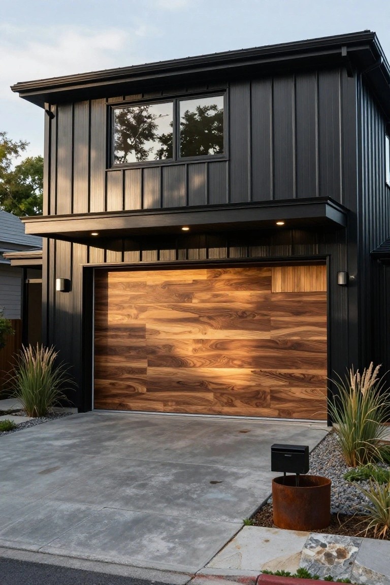 Modern two-story house with black corrugated metal siding, large horizontal walnut wood plank garage door, concrete driveway, rusty metal planter, pampas grass, and black mailbox.
