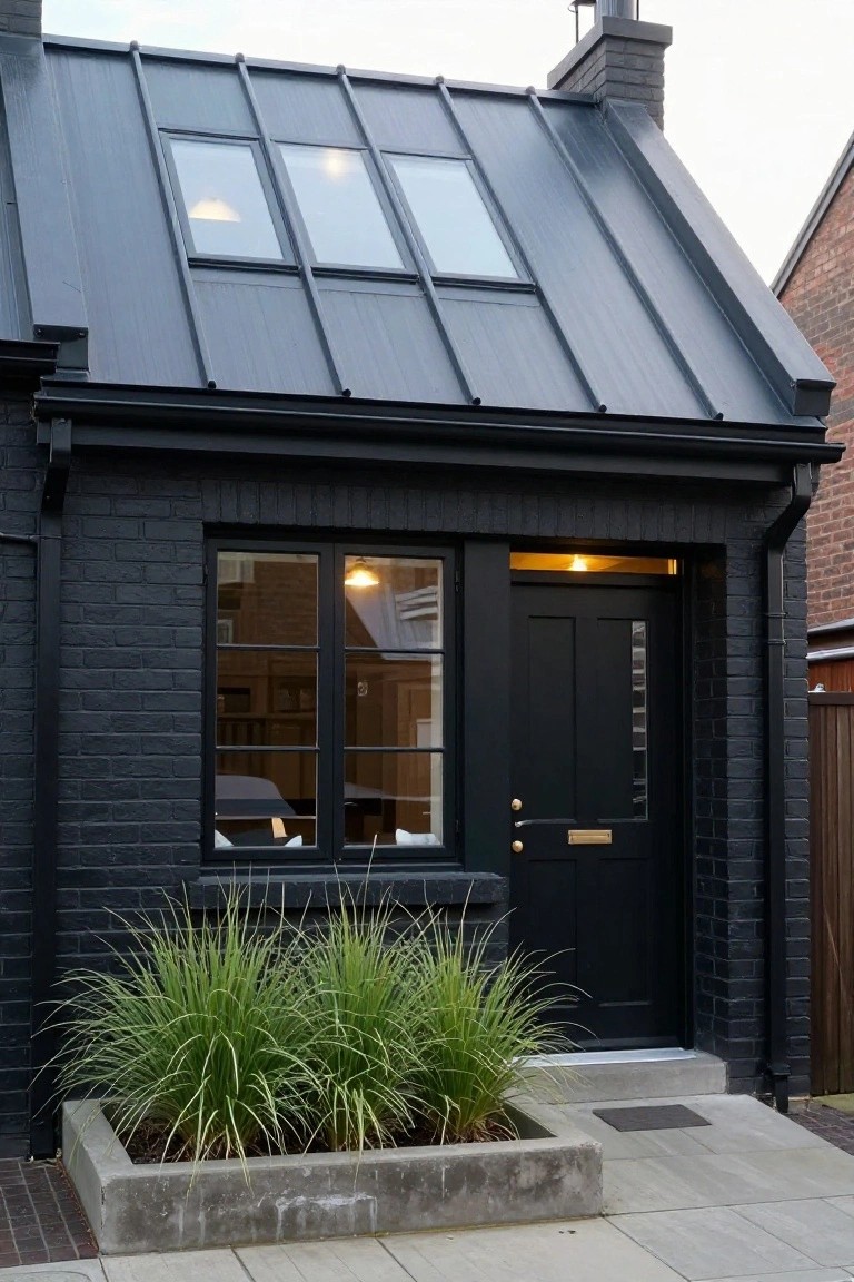 Black brick end-terrace house with dark metal standing-seam roof featuring three rectangular skylights, black-framed double windows, black front door with brass knocker, concrete planter of tall ornamental grasses, and concrete path.