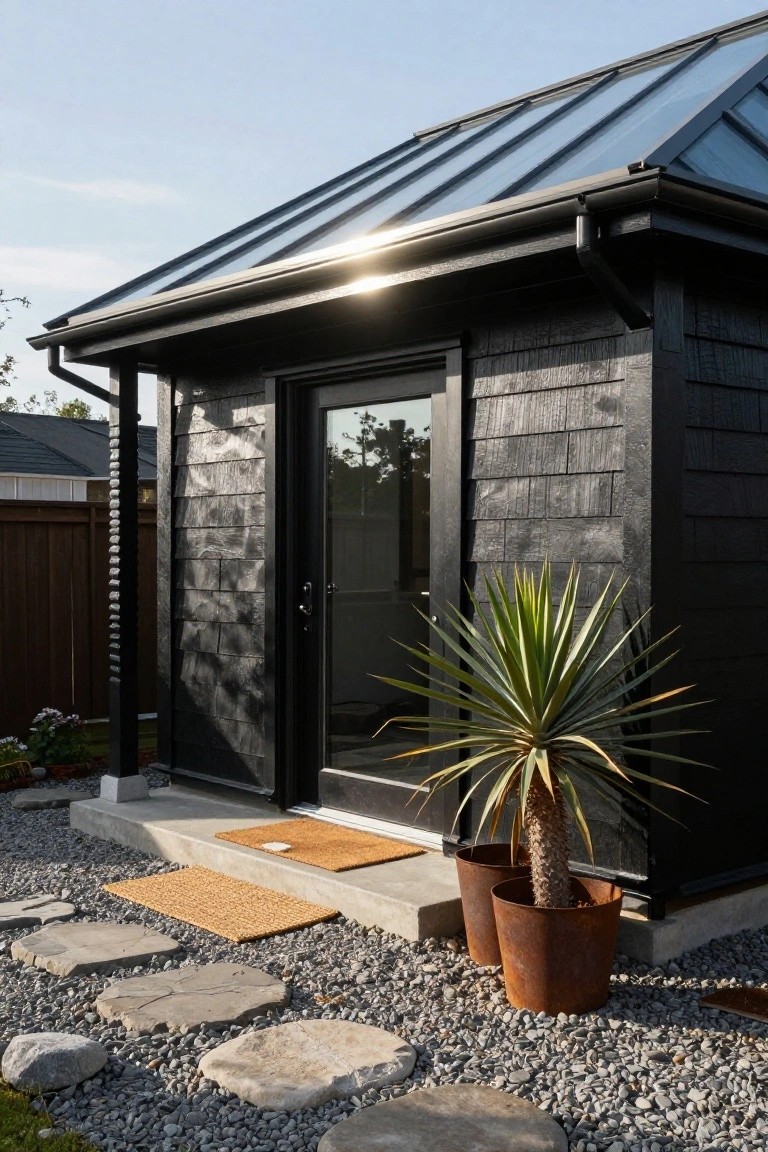 Small black charred wood building with vertical siding, sloped glass skylight roof, glass front door, two potted yucca plants in rusty metal pots, woven doormat, gravel ground with flat stone stepping stones.