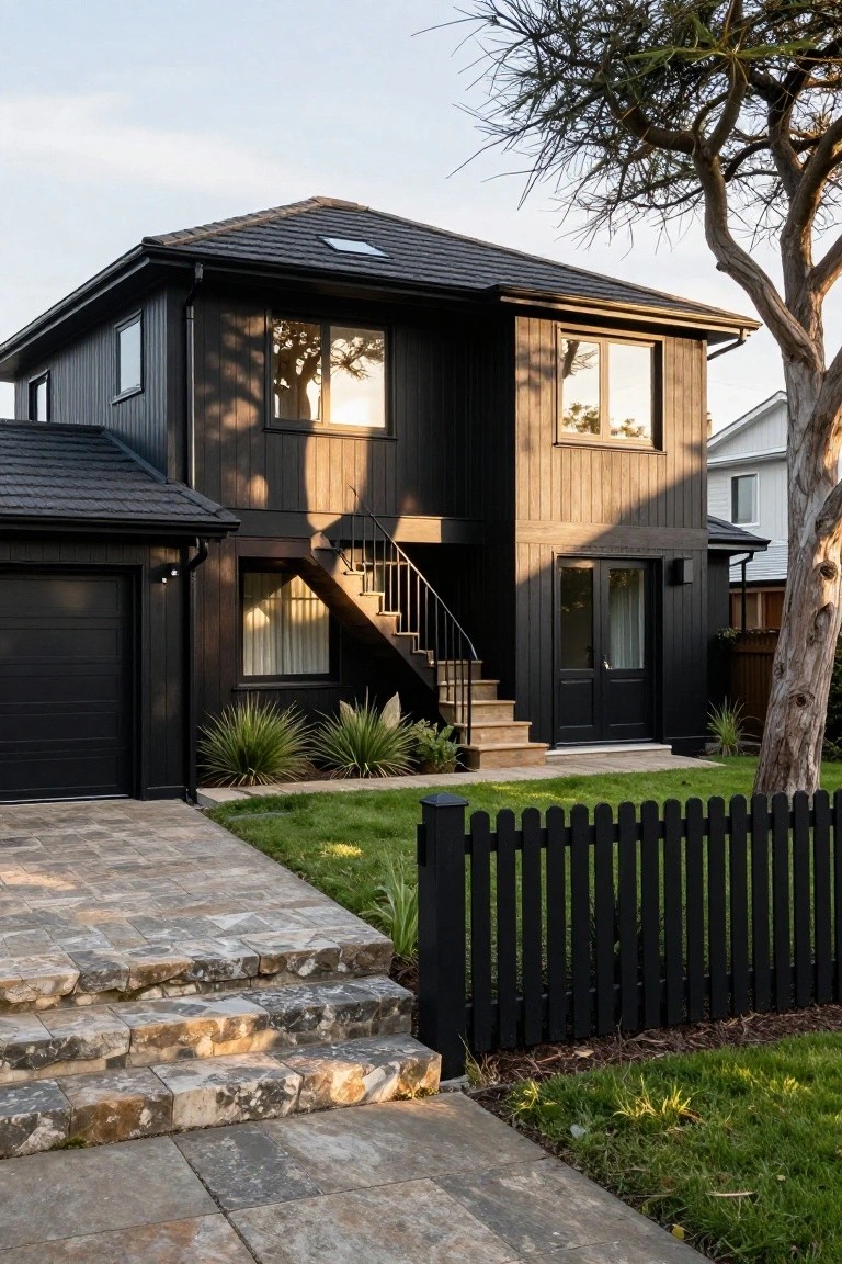 Two-story house with black timber cladding, dark metal roof featuring a skylight, attached garage, external metal stairs to upper doors, black picket fence, and front yard grass with plants.