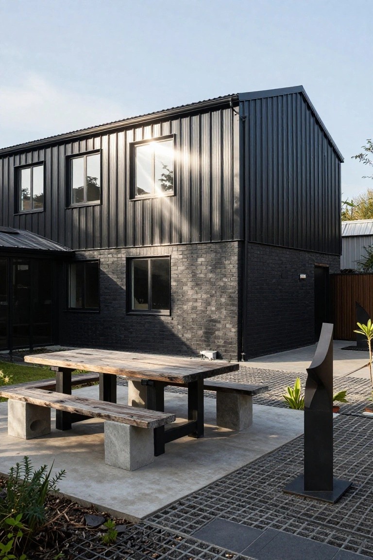 Black corrugated metal-clad house exterior with brick base, large windows reflecting sunlight, wooden picnic table and benches on concrete patio with gravel pavers and plants.