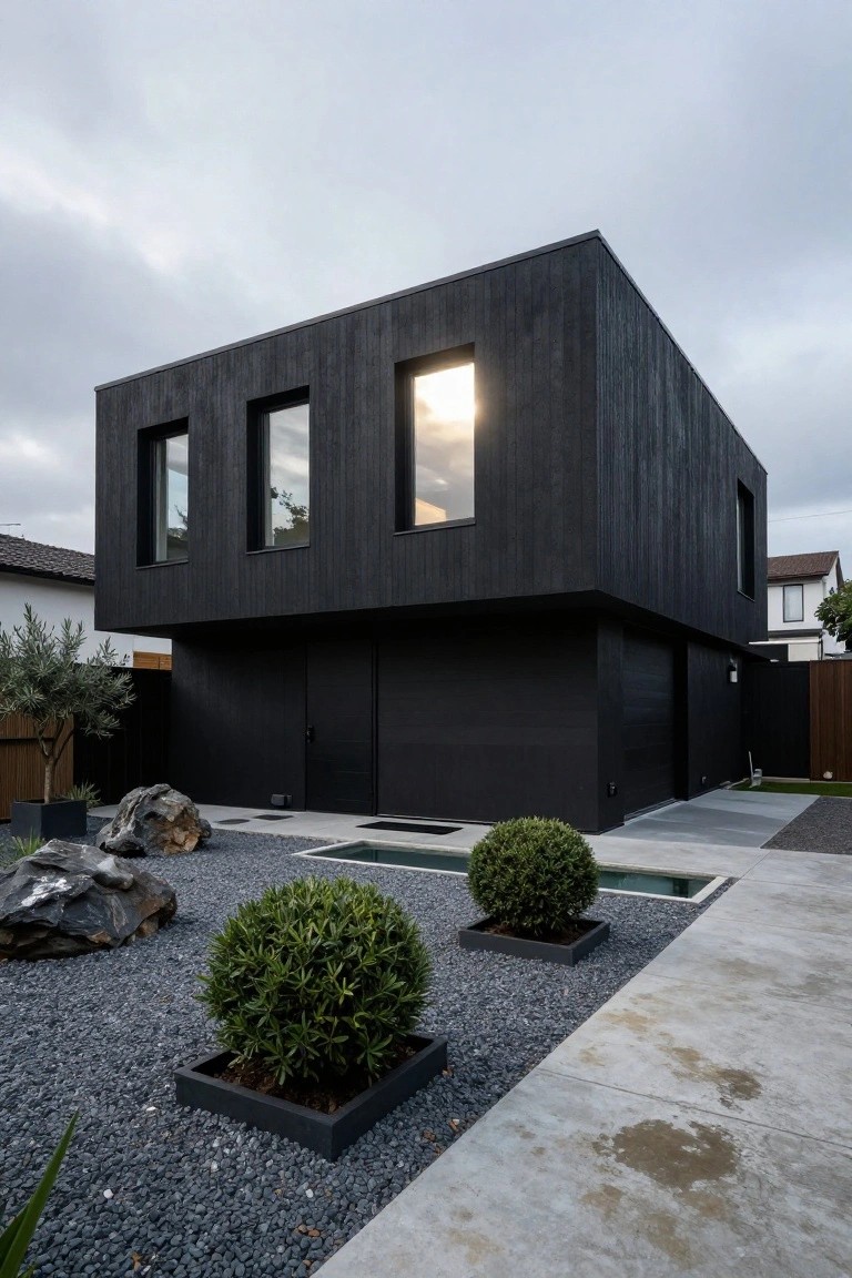 Corner view of a black timber-clad cubic modern house with three tall narrow windows on the upper facade glowing with orange sunlight, a dark garage door below, gravel yard with large rocks and boxwood shrubs in front.