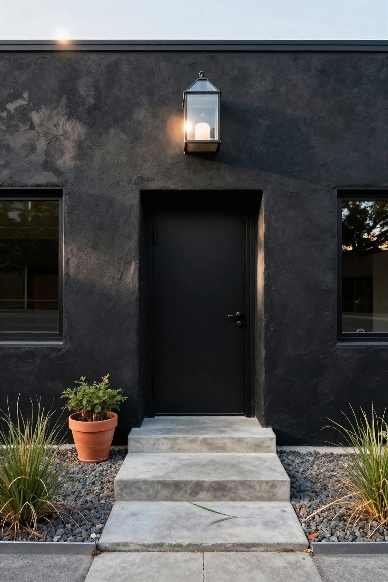 Modern house exterior featuring textured black stucco walls, a black front door with handle, narrow black-framed windows on either side, a lit hanging lantern above the door, concrete steps, a terracotta pot with green plant, and gravel landscaping with ornamental grasses.