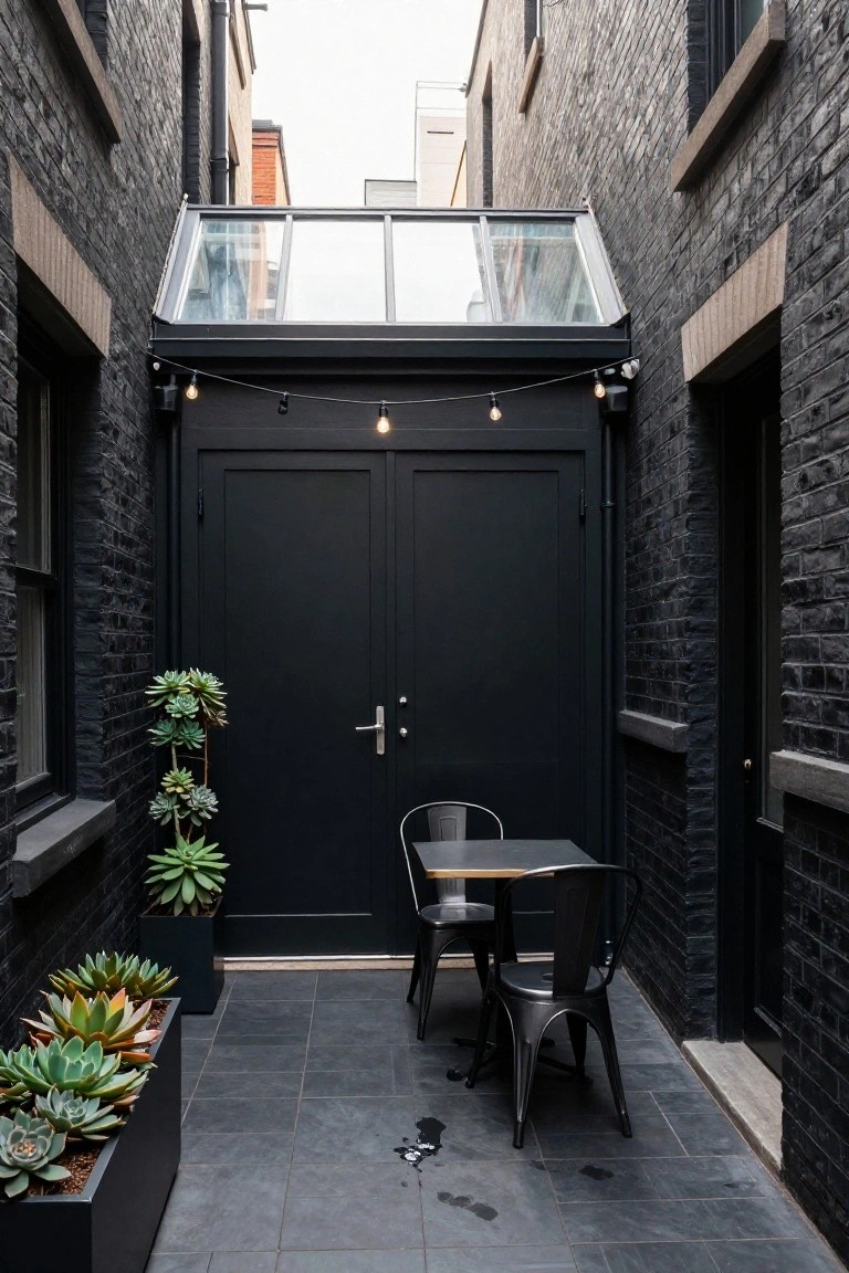 Narrow outdoor passageway with black brick walls, large black double doors centered under a sloped glass skylight, potted succulents in black containers, small black metal bistro table and two chairs on dark tiled floor, string lights overhead.