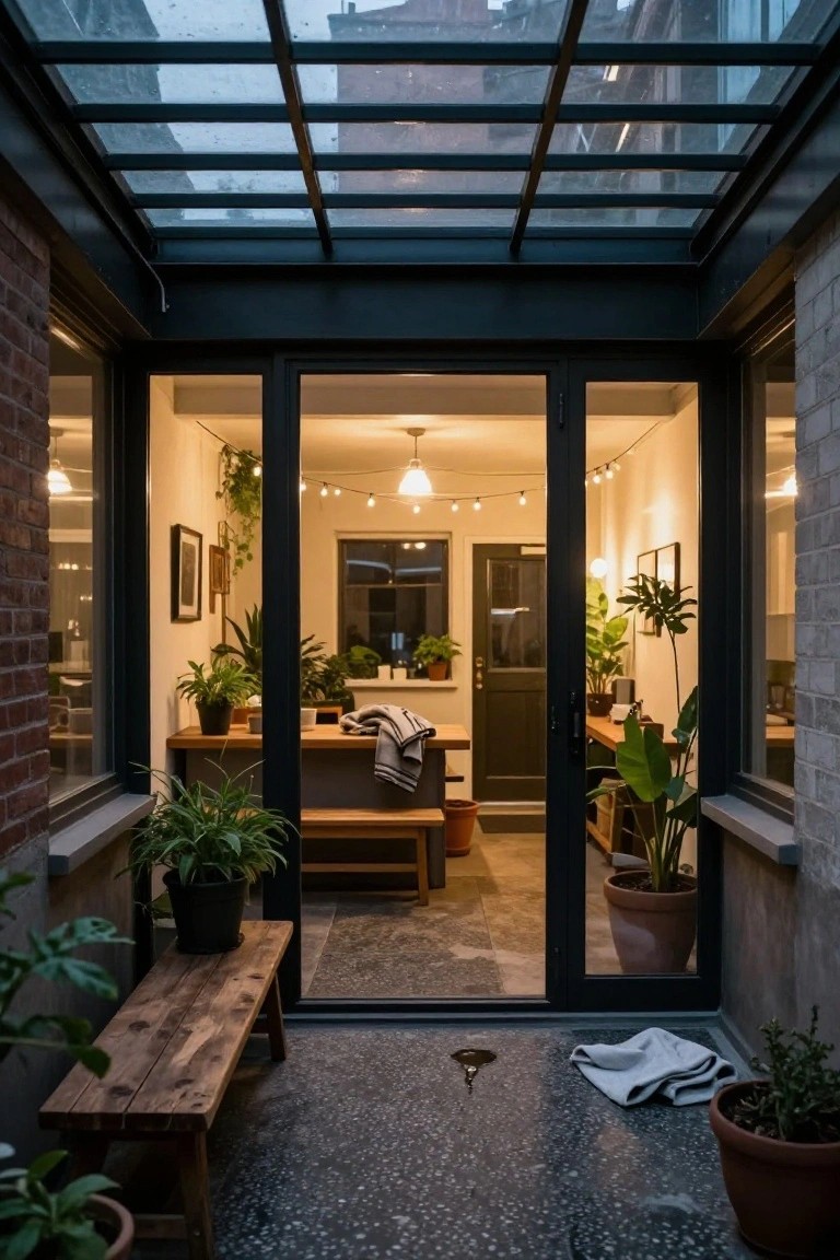 A covered courtyard patio under a glass roof with black metal frames, featuring a wooden bench, potted plants, a folded blanket on the floor, and glass doors opening to an interior space with wooden furniture, string lights, and more greenery.