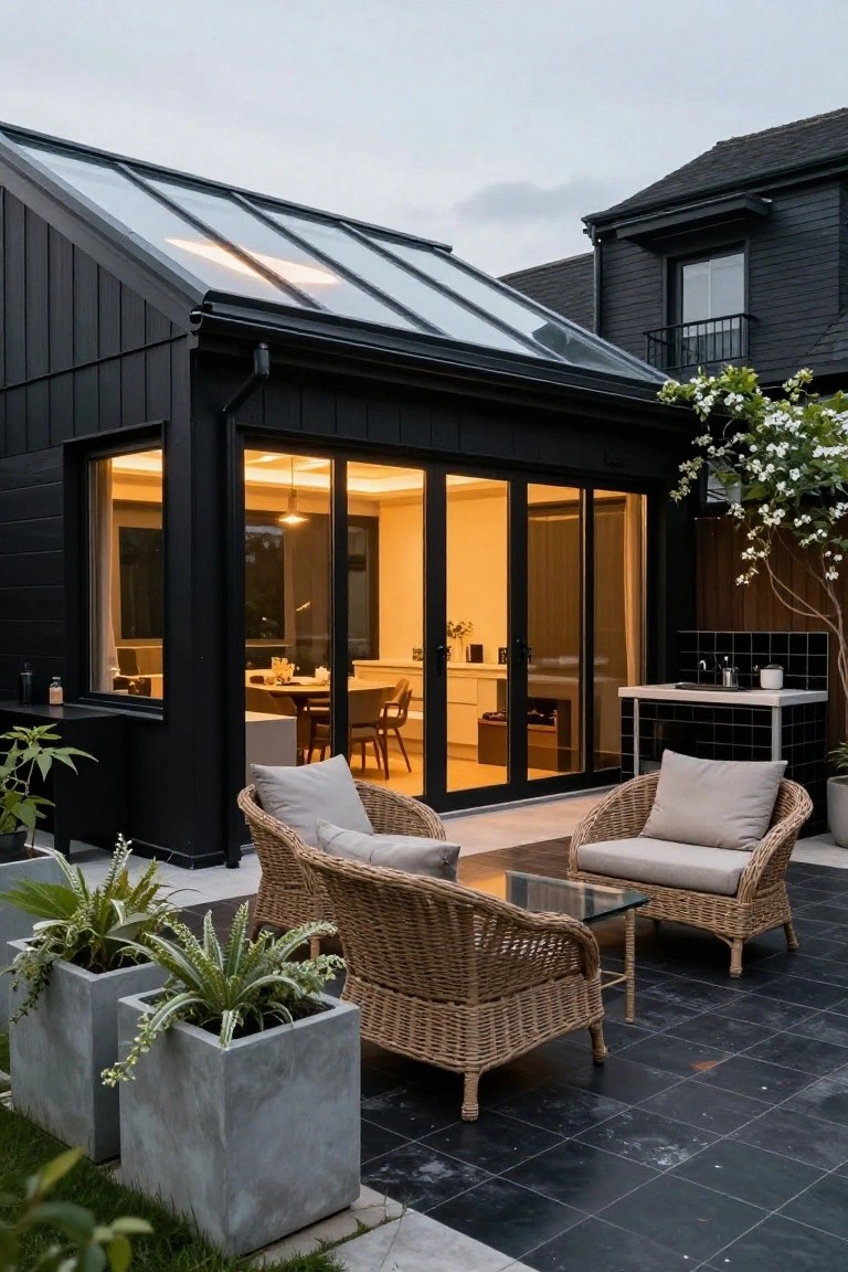 Rear exterior of a black-clad modern house extension with a large glass skylight roof, open sliding glass doors revealing a warmly lit indoor dining area, rattan chairs and potted plants on a black tiled patio.