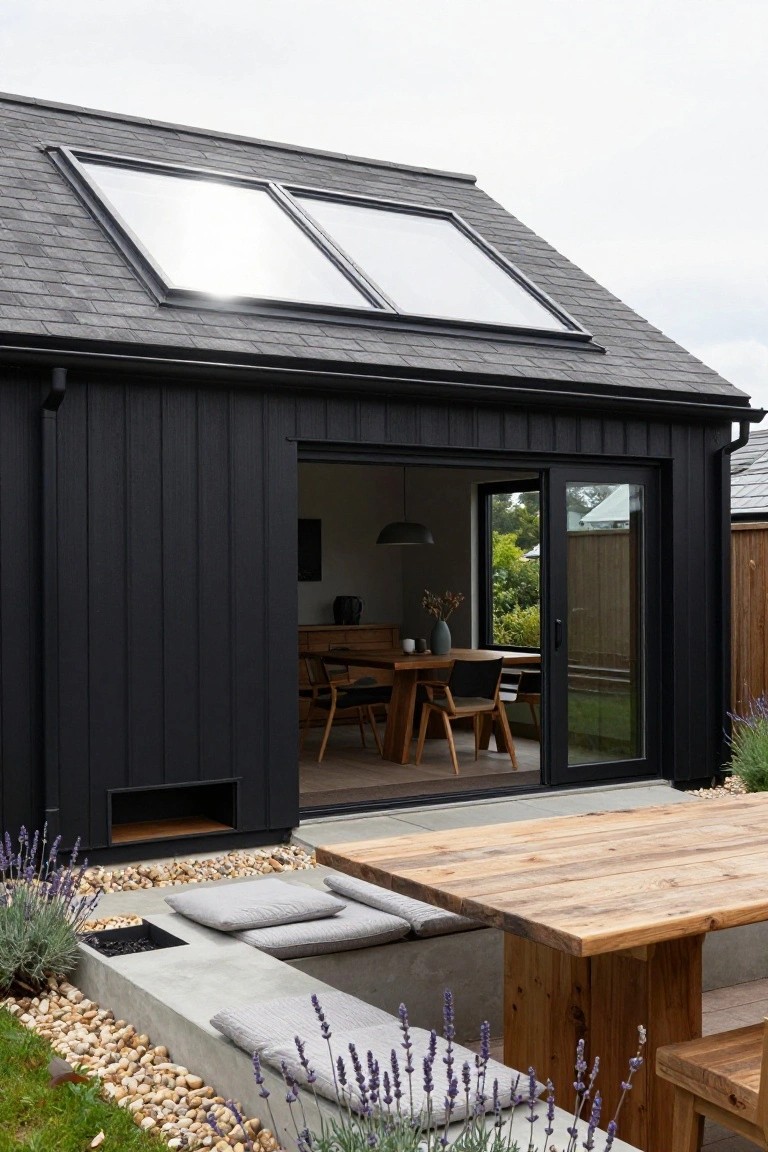 Black vertical board and batten clad building with pitched slate roof featuring two rectangular skylights, open sliding glass doors revealing an interior dining room, wooden outdoor table and benches, concrete edging, gravel, and lavender plants in a yard.