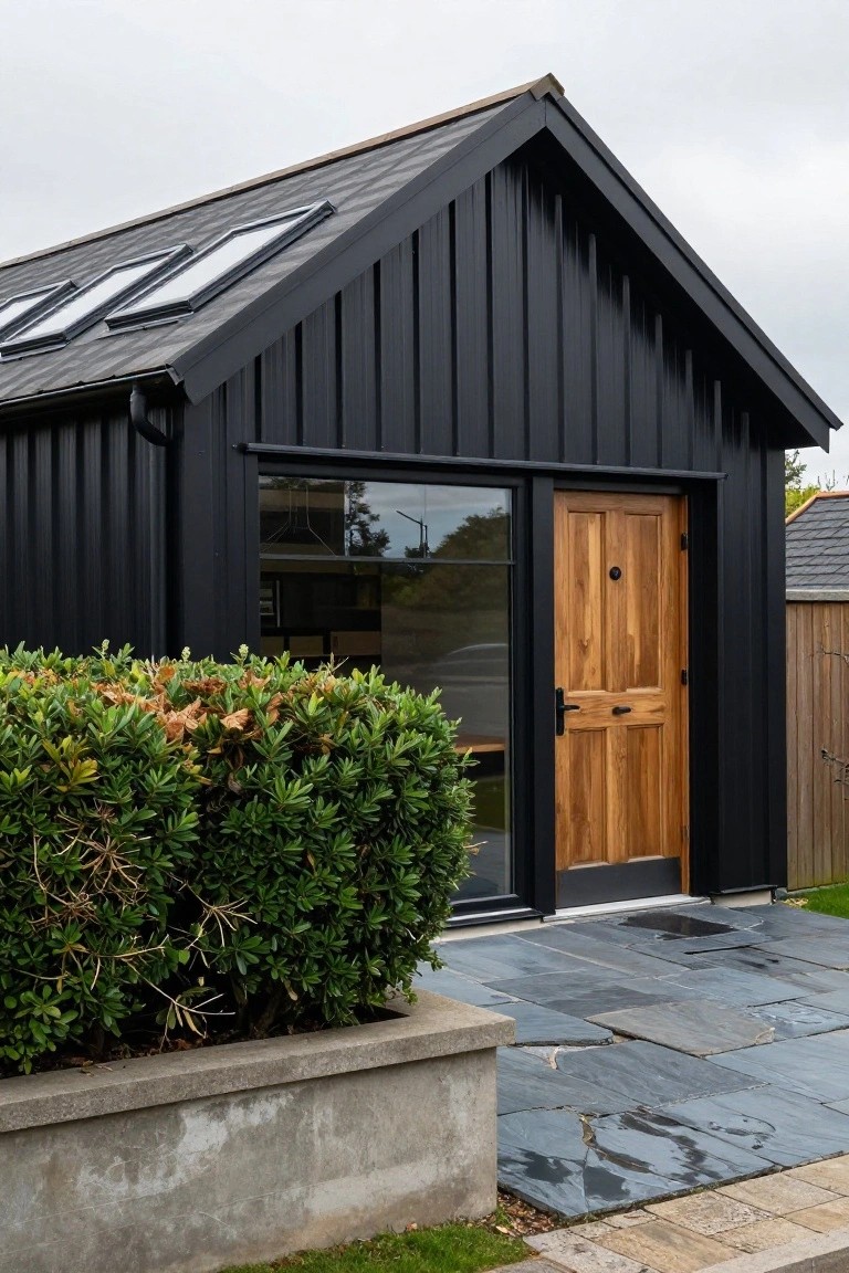 Black board-and-batten gabled outbuilding with two skylights on the roof pitch, large glass panel beside a wooden entry door, shrubs in front, and slate tile patio.