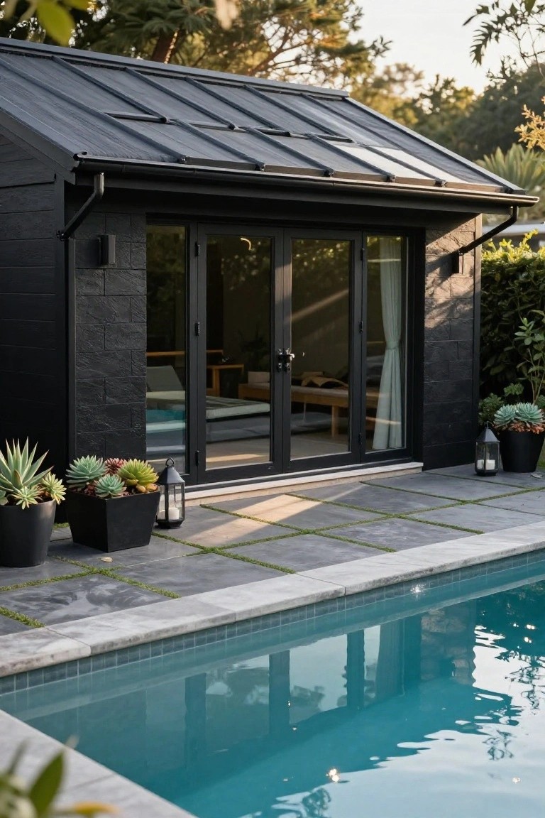 Black metal-roofed pool cabana with skylights and large black sliding glass doors next to a turquoise pool on a gray paver patio, flanked by potted succulents and lanterns.