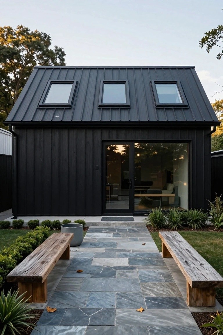 Small black vertical board-and-batten clad building with sloped black metal roof containing three skylights, large glass sliding door entryway, wooden benches on slate tile pathway surrounded by garden plantings.