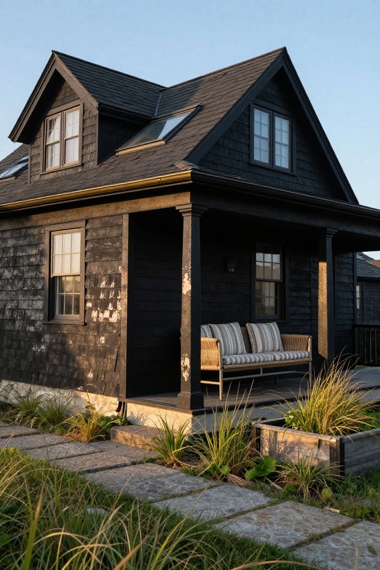 Black shingled house exterior with gabled roof, skylights, covered porch featuring a striped cushioned bench, stone pathway, wooden planter box, and ornamental grasses.
