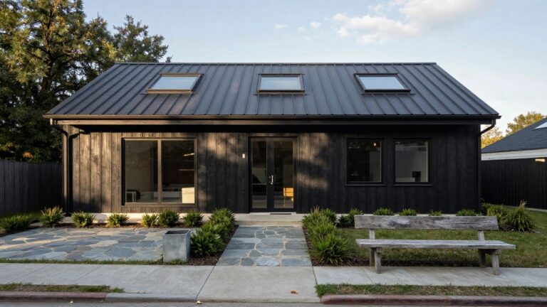 Small black vertical board-and-batten clad building with sloped black metal roof containing three skylights, large glass sliding door entryway, wooden benches on slate tile pathway surrounded by garden plantings.