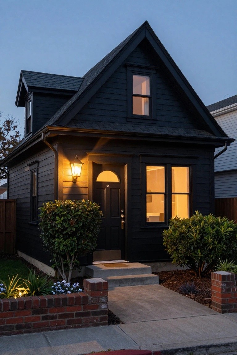 Small black gabled house exterior at dusk with dark shingle siding, lit lantern beside arched front door, glowing windows including small upper gable window, boxwood shrubs, brick walls, and concrete walkway.