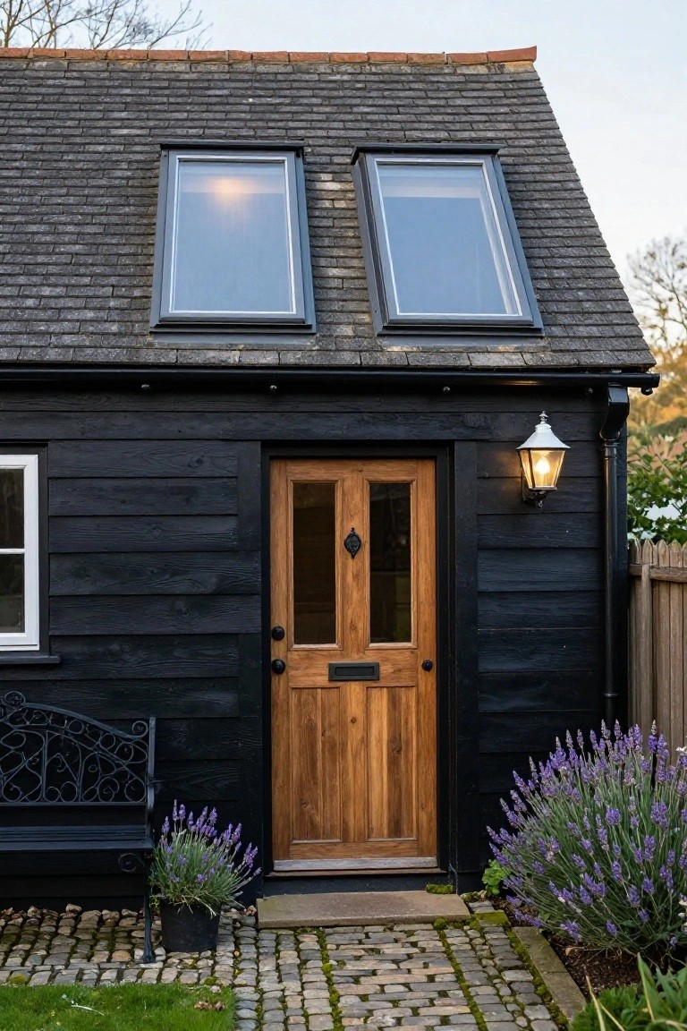 Black weatherboard garden shed with slate roof and two skylights, white window, double wooden door with glass panels, wall lantern, wrought iron bench with lavender pot, lavender bushes, gravel path, picket fence, and garden bed.
