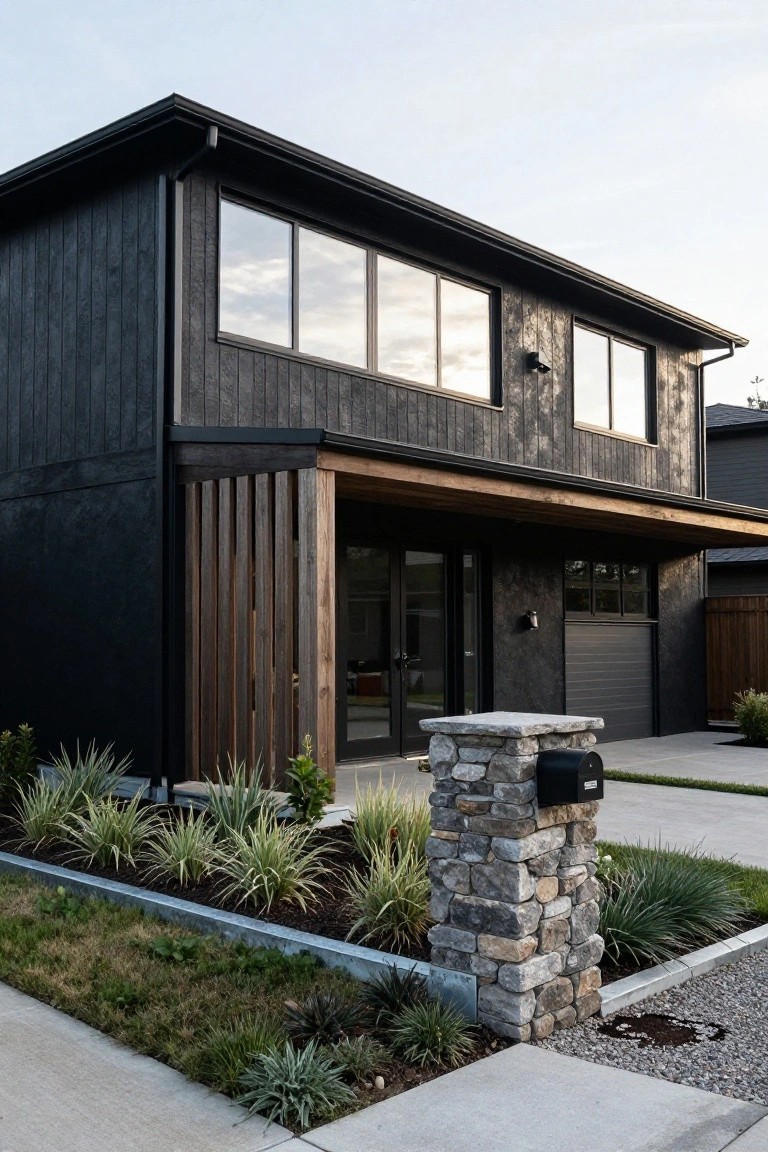 Modern two-story house with black wood cladding, wooden slatted entry portico, large windows, gray garage door, stone pillar with black mailbox, and landscaped front yard with grasses and gravel.
