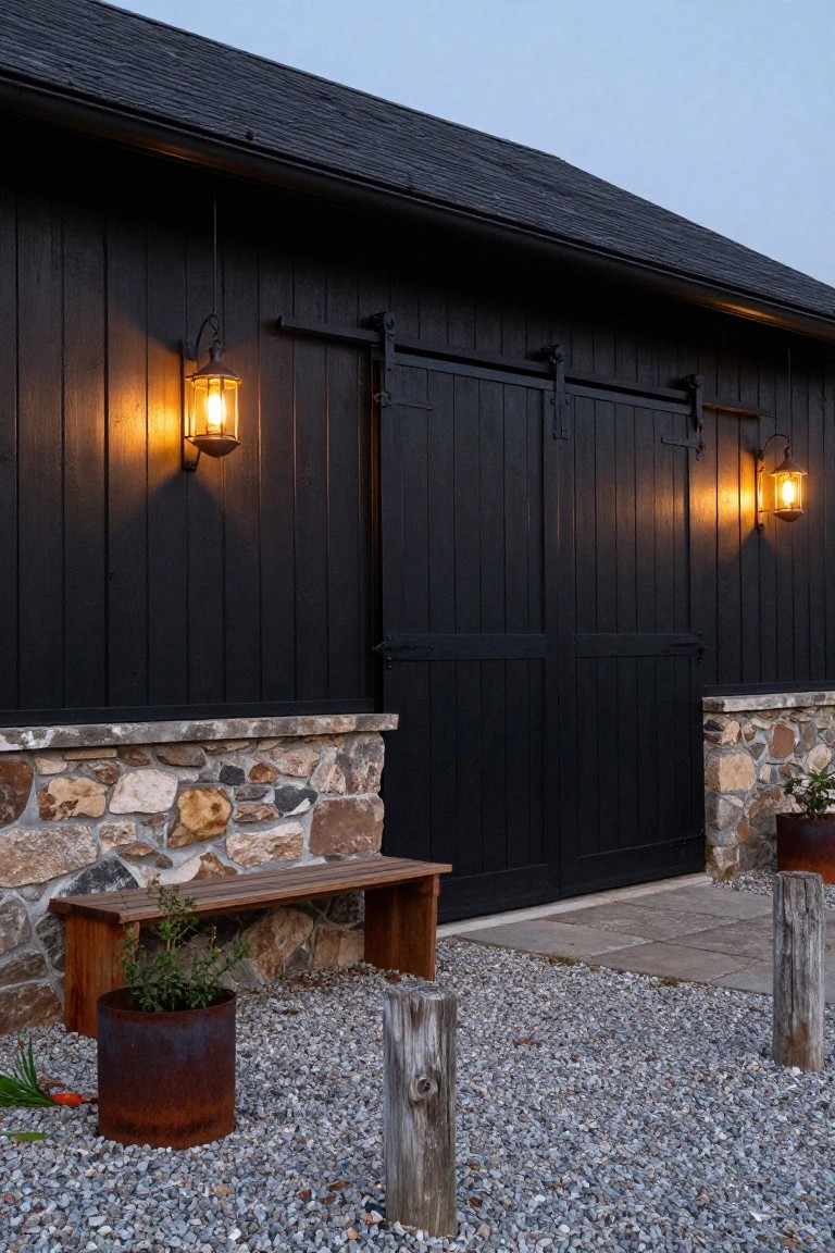 Black Barn Exterior with Stone Base