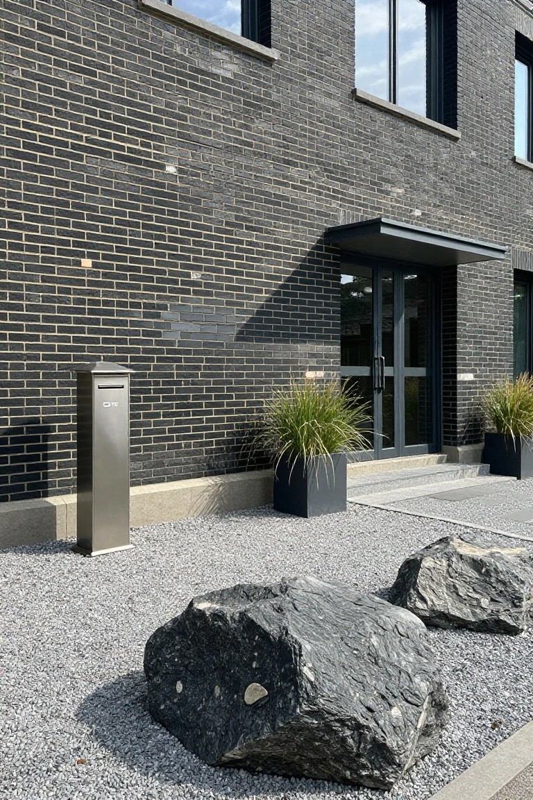 Black Brick Exterior with Boulder Landscaping