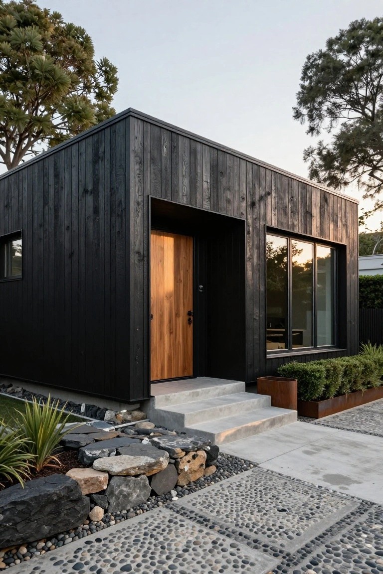 Corner view of a modern black vertical wood-clad house with light timber entry door, large glass window, concrete steps leading to it, and base landscaped with large irregular stones, pebbles path, plants, and gravel.