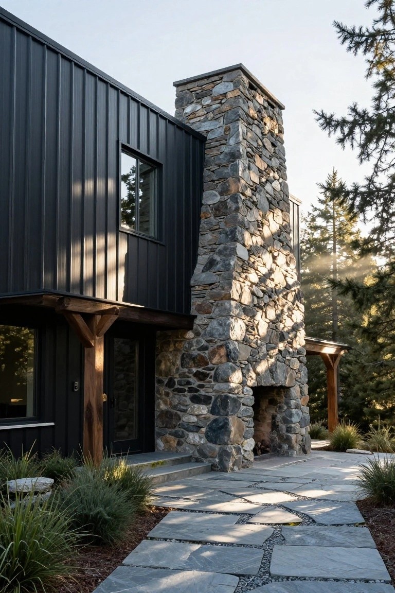 Contemporary house exterior with black corrugated metal siding, tall irregular stone chimney, wooden support beams at entry, dark framed glass doors and window, slate tile pathway with grasses, and surrounding pine trees in late afternoon light.