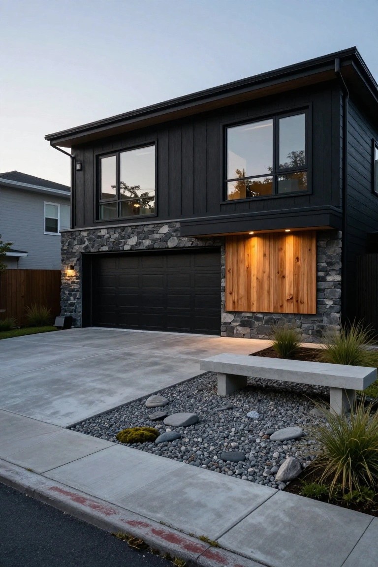 A modern two-story house with black horizontal siding, gray stone base around a black double garage door, vertical cedar wood paneling beside it, concrete driveway, gravel garden bed with bench and grasses, and adjacent houses in the background.