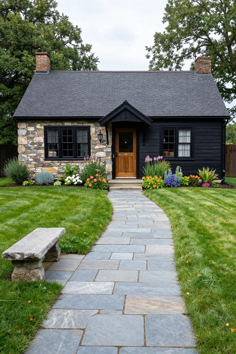 A small one-story black-shingled house with fieldstone foundation and accents, black-framed windows, wooden front door, flower beds along the front, slate pathway, stone bench, and green lawn.