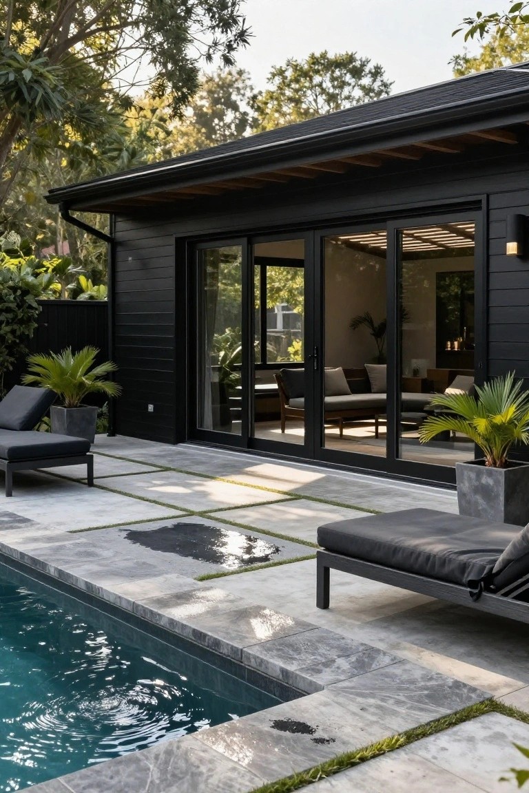 Black wood-clad modern house exterior featuring large sliding glass doors adjacent to a pool with gray stone decking, lounge chairs, potted plants, and tropical landscaping.