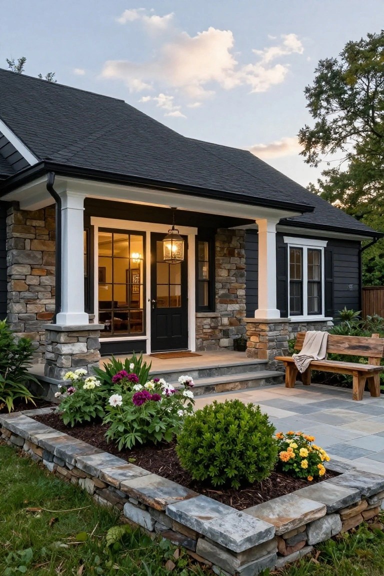 Front exterior of a black-shingled house with stone on porch columns and base, white trim, glass entry doors, hanging lantern, wooden bench on bluestone patio, and flower beds in stone-edged yard.