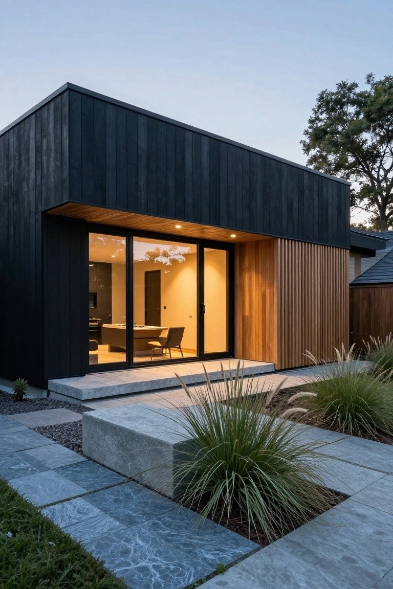 Corner view of a modern house with black vertical wood siding, a recessed entry with warm wood slats and glass doors, light gray concrete steps and bench, paver pathway, ornamental grasses, and adjacent trees at dusk.