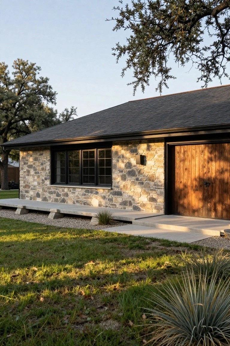 Side view of a single-story house exterior with textured stone walls, black metal-framed windows and garage opening, vertical wood garage door, low concrete benches, gravel and grass yard, yucca plants, and oak trees under a clear blue sky.
