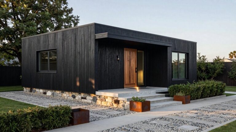 Corner view of a modern black vertical wood-clad house with light timber entry door, large glass window, concrete steps leading to it, and base landscaped with large irregular stones, pebbles path, plants, and gravel.